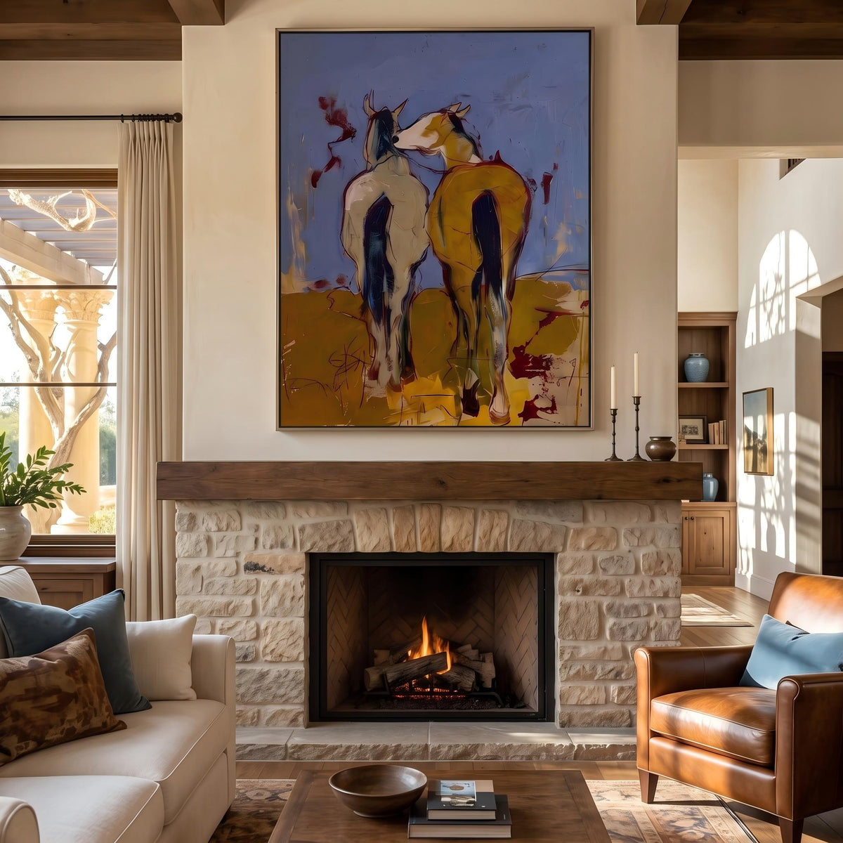 "Wild Companions" - Modern Heavy Impasto Western Animal Artwork | Yellow Palette Knife Painting | Luxury Vertical Wall Art #YK 1573