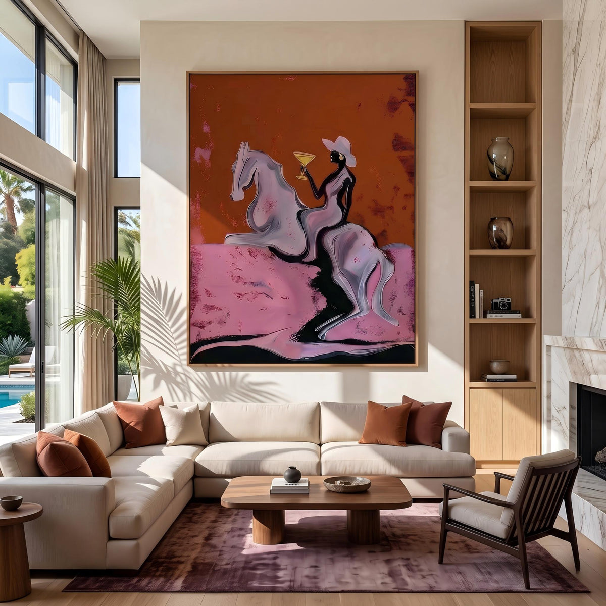 "Cowgirl Martini Ride" - Modern Heavy Impasto Western Animal Artwork | Pink Palette Knife Painting | Luxury Vertical Wall Art #YK 1571
