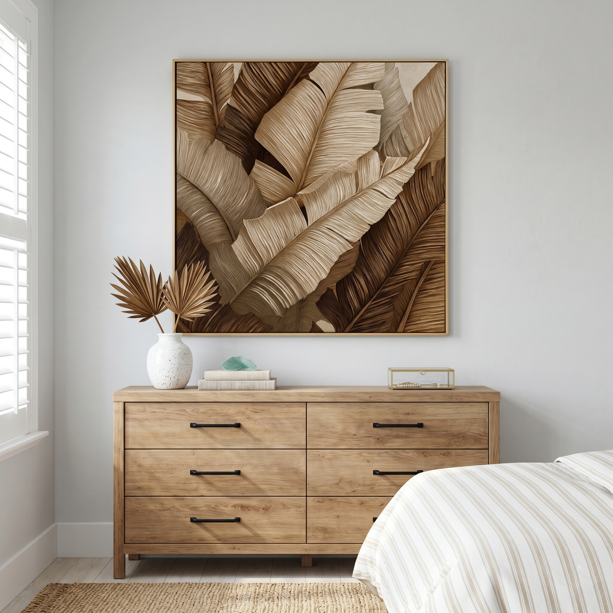 "Bronze Canopy" – Modern Linear Tropical Banana Leaf Canvas | Sophisticated Organic Wall Art