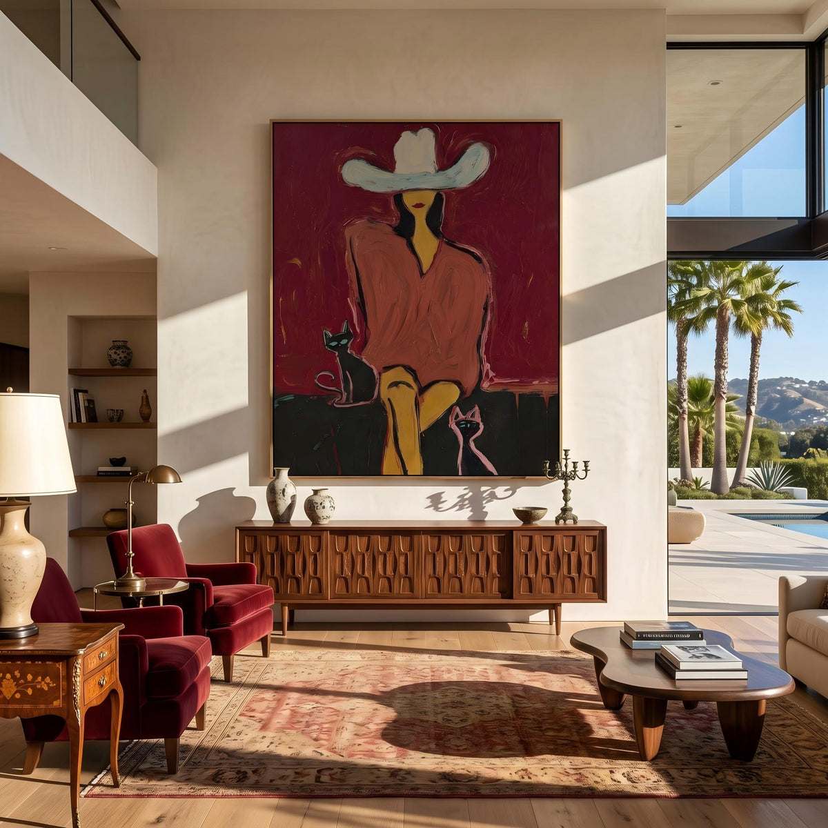 "Western Woman and Cat" - Modern Heavy Impasto Western Animal Artwork | Golden Palette Knife Painting | Luxury Vertical Wall Art #YK 1574