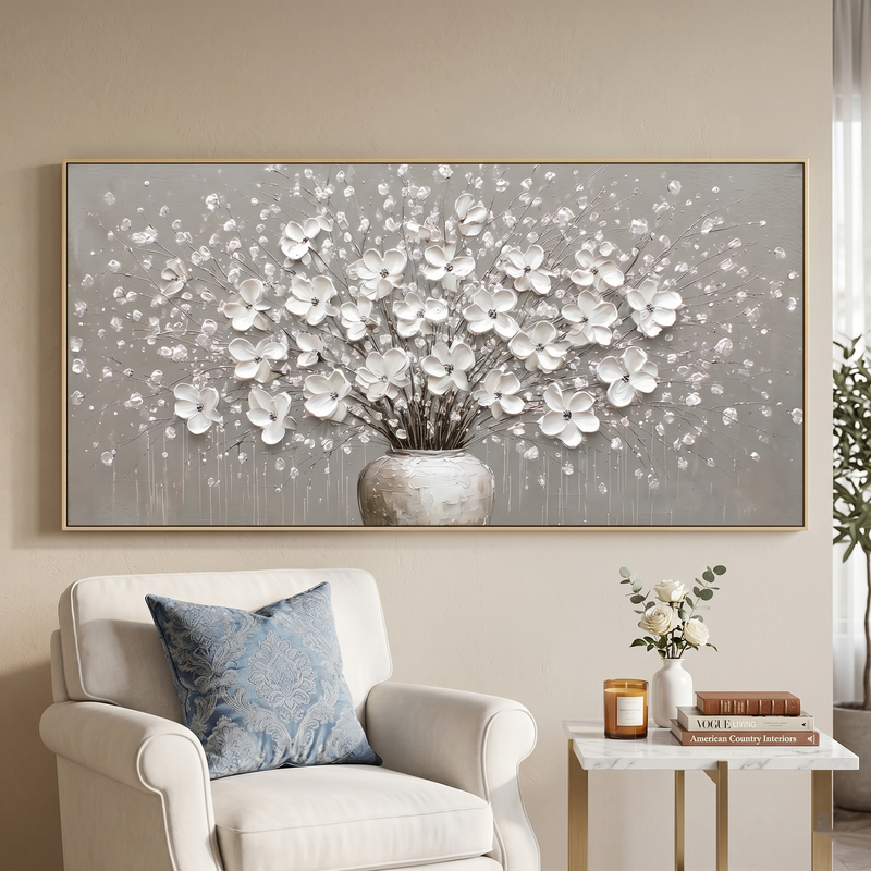 "Silver Harmony" – Modern 3D Heavy Impasto White Floral Still Life | Elegant Neutral Statement Art