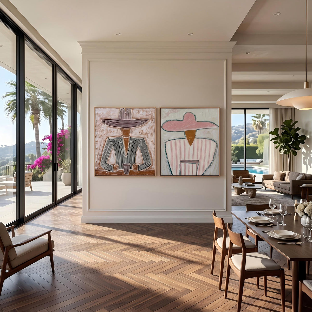 "Double Wide Striped Hat Western Cowboy and Girl" - Modern Heavy Impasto Western Animal Artwork | Golden Palette Knife Painting | Luxury Two-Panel Square Wall Art #YK 1568