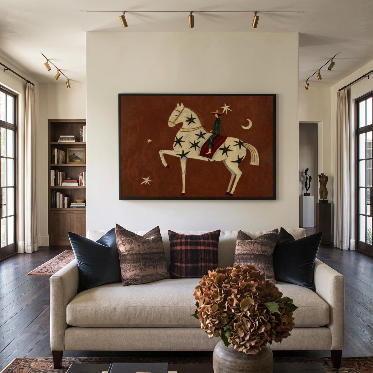 "Rust Red Stylized Horse With Moon & Stars" - Modern Heavy Impasto Western Animal Artwork | Orange Palette Knife Painting | Luxury Horizontal Wall Art #YK 1597