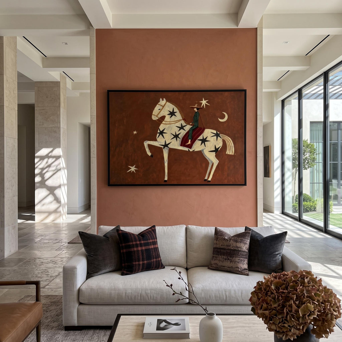 "Rust Red Stylized Horse With Moon & Stars" - Modern Heavy Impasto Western Animal Artwork | Orange Palette Knife Painting | Luxury Horizontal Wall Art #YK 1597