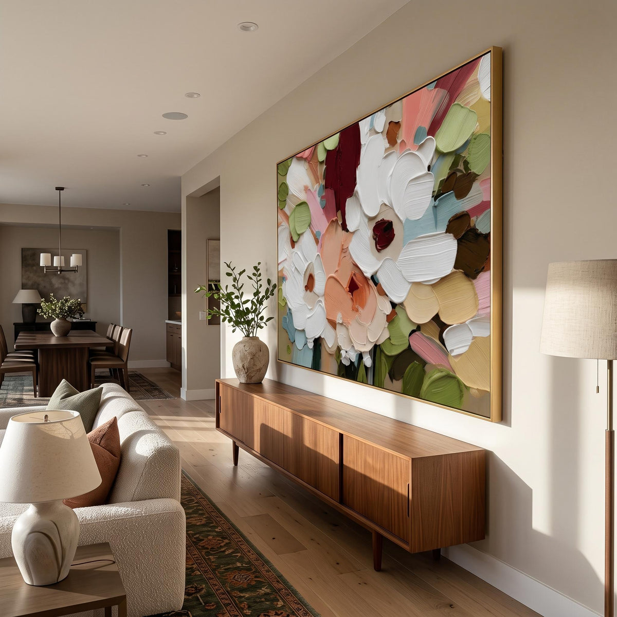 "Colorful Textured Floral Wall" - Modern Heavy Impasto Floral Abstract | White Palette Knife Painting | Luxury Horizontal Wall Art #YK 1615
