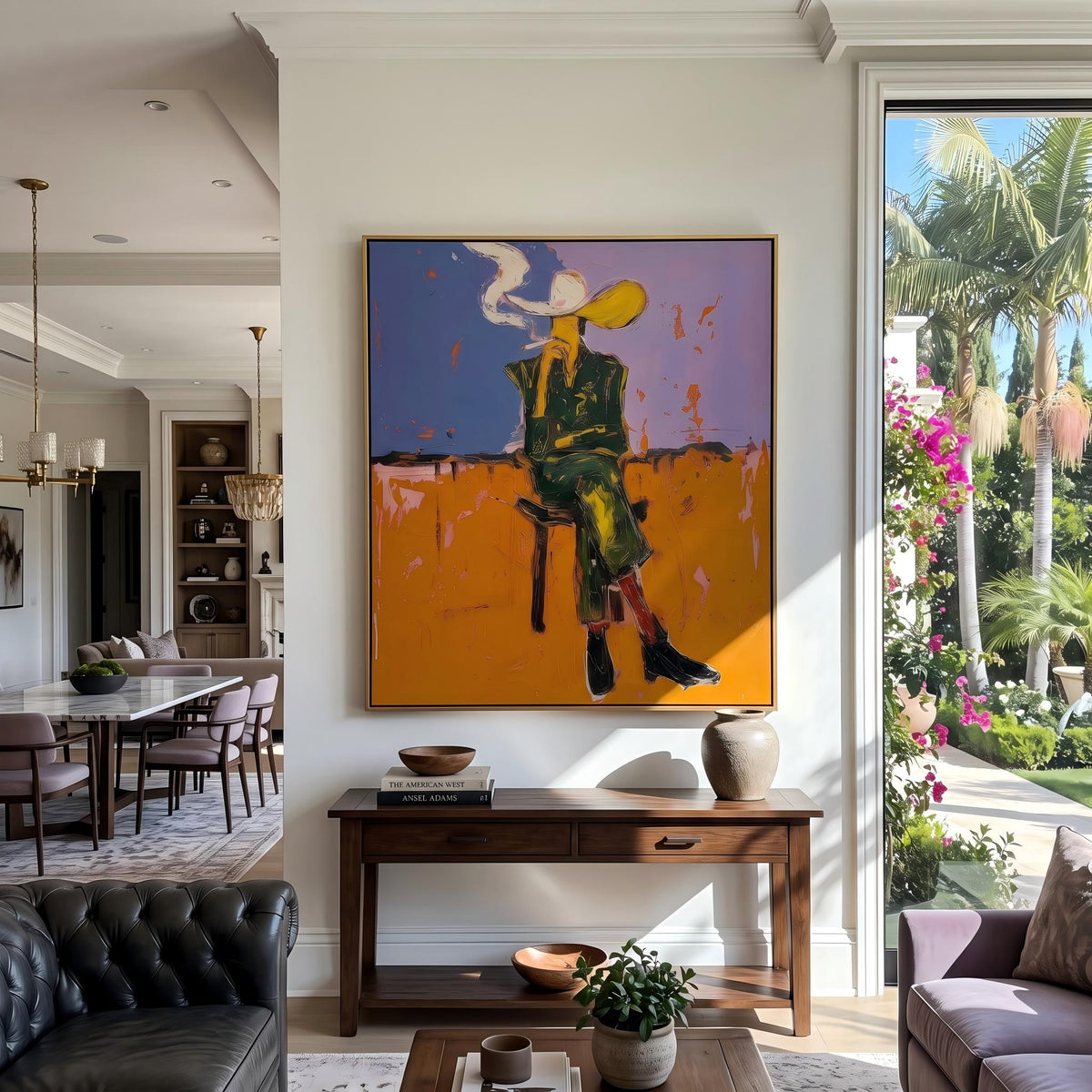 "Cigarettes Western Cowboy" - Modern Heavy Impasto Western Animal Artwork | Orange Palette Knife Painting | Luxury Vertical Wall Art #YK 1579