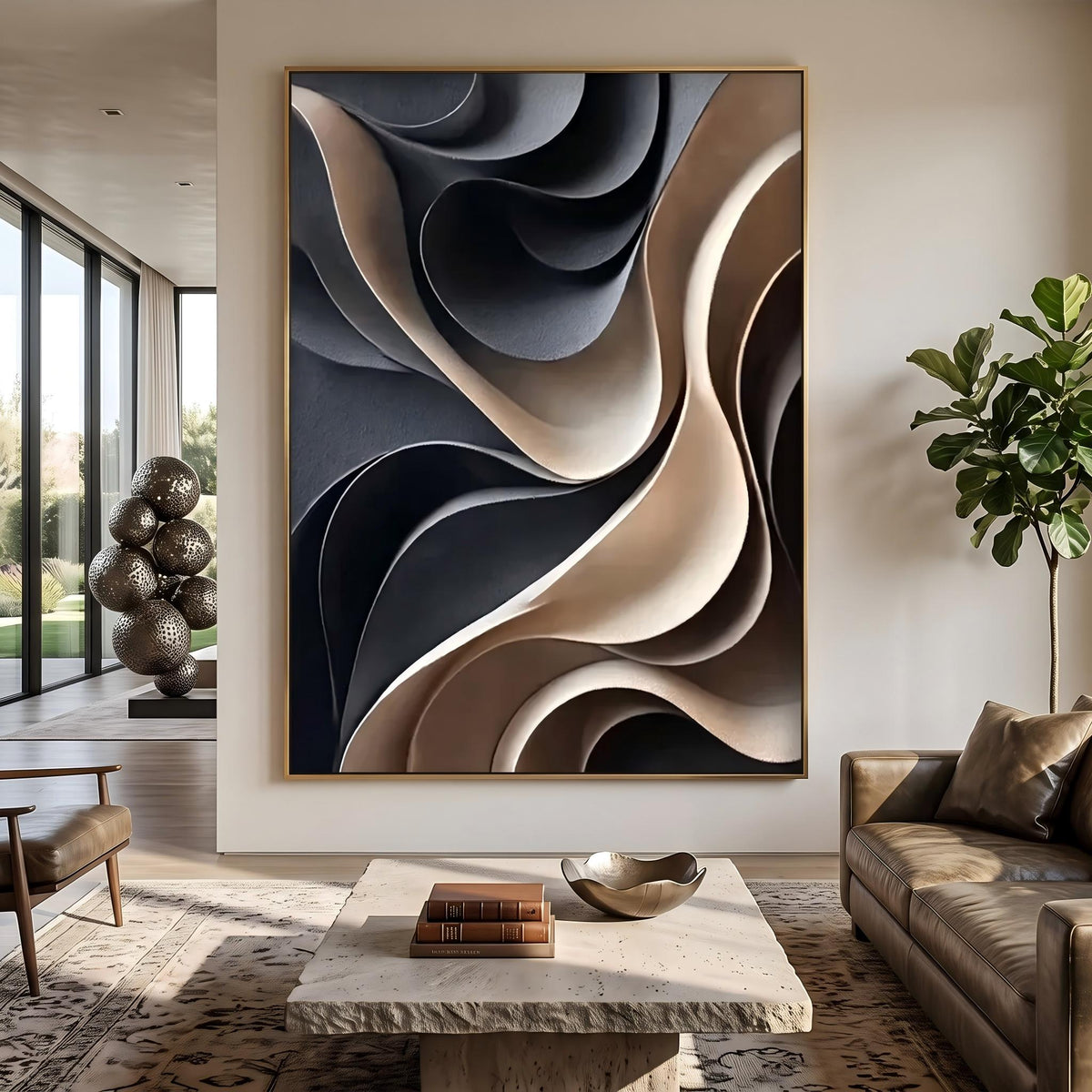 "Layered Wave" - Modern Heavy Impasto Ocean Wave Seascape | Beige Palette Knife Painting | Luxury Vertical Wall Art #YK 1563