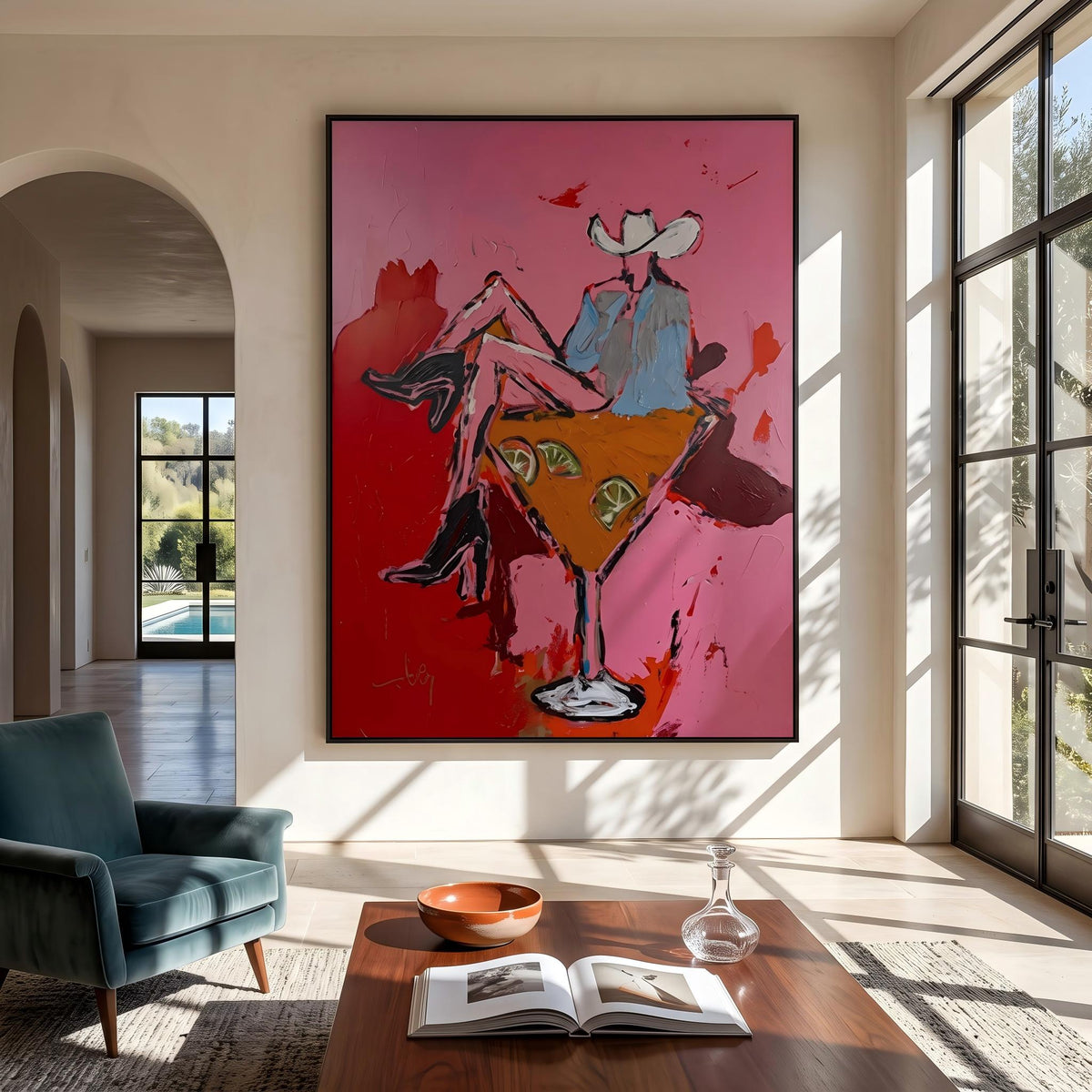 "Pink Cowgirl Cocktail" - Modern Heavy Impasto Western Animal Artwork | Pink Palette Knife Painting | Luxury Vertical Wall Art #YK 1584