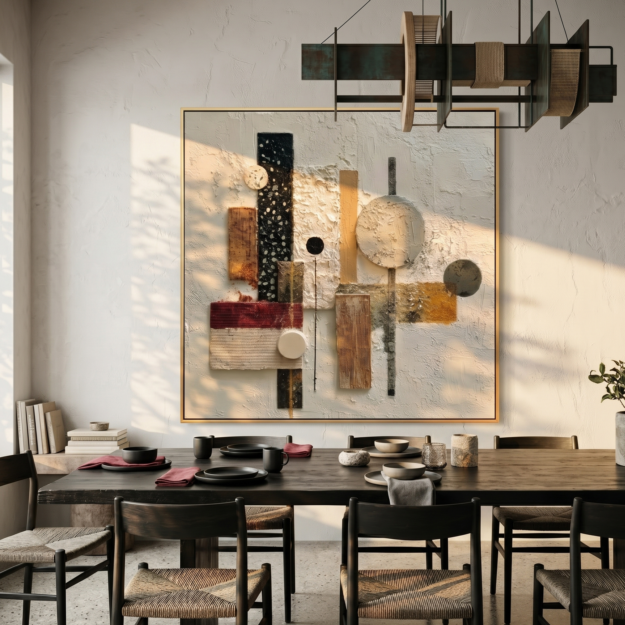 "Geometric Collage" – Modern Mixed-Media Abstract | 3D Neutral & Terracotta Textured Wall Art | Luxury Square Wall Decor# PT 015