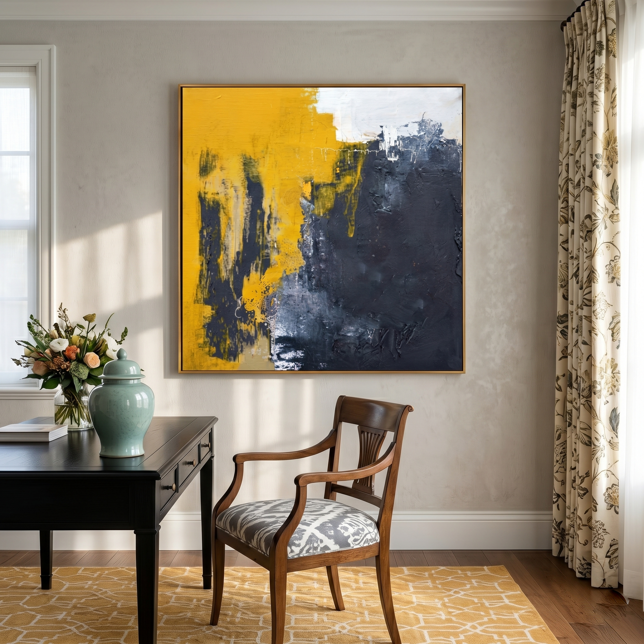 "Urban Resilience" – Industrial Wabi-Sabi Charcoal & Yellow Abstract | Minimalist Studio Statement Art