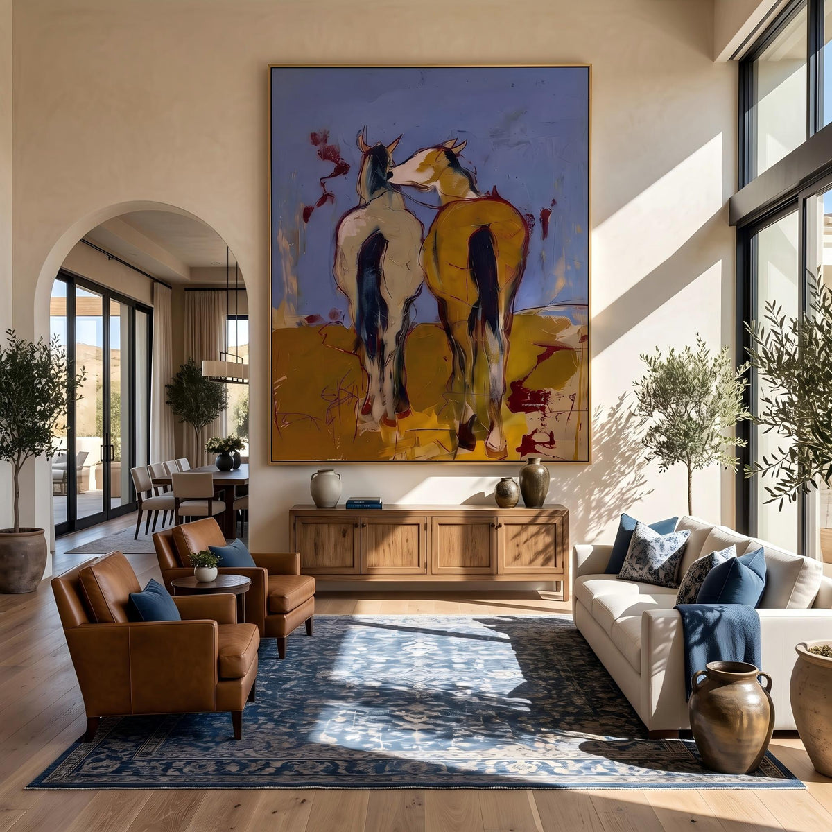 "Wild Companions" - Modern Heavy Impasto Western Animal Artwork | Yellow Palette Knife Painting | Luxury Vertical Wall Art #YK 1573