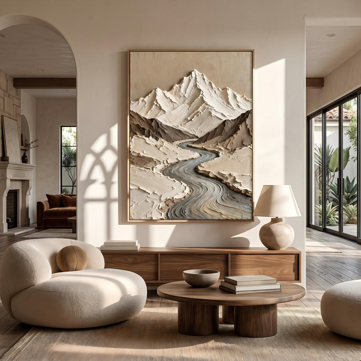 "Thick Impasto Mountain Valley" - Modern Heavy Impasto Landscape Artwork | Beige Palette Knife Painting | Luxury Vertical Wall Art #YK 1611