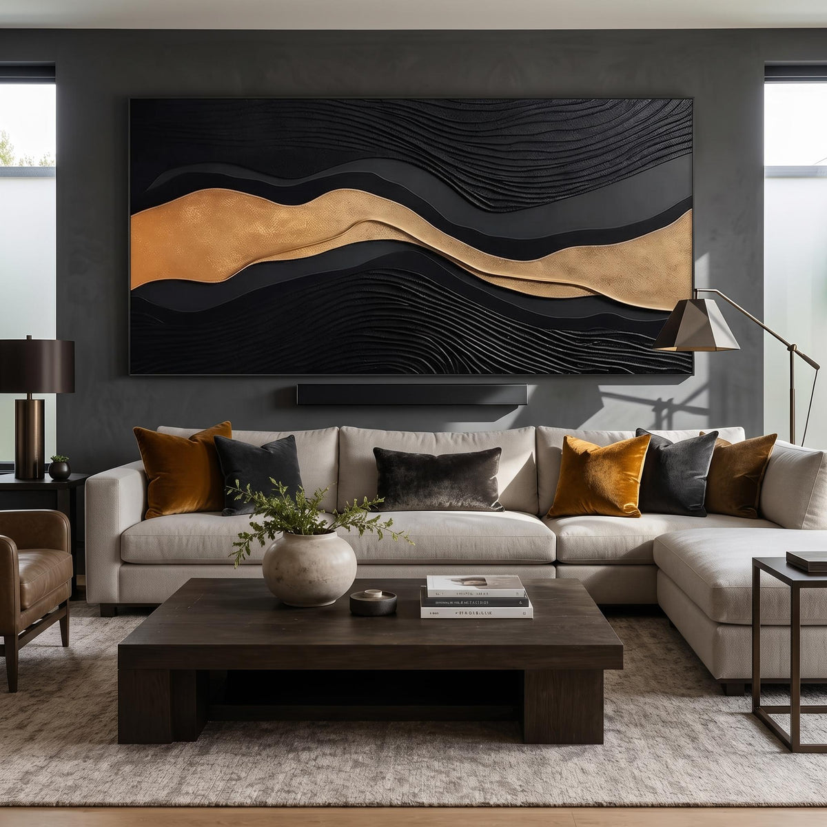 "Luxury Black‑Gold Layered Mountain" - Modern Heavy Impasto Landscape Artwork | Beige Palette Knife Painting | Luxury Horizontal Wall Art #YK 1545