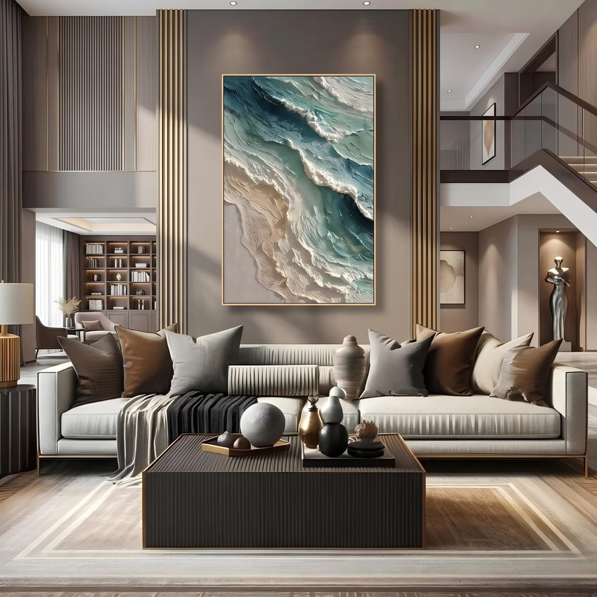 "Blue Green Coastal Wall" - Modern Heavy Impasto Coastal Landscape | Beige Palette Knife Painting | Luxury Vertical Wall Art #YK 1565