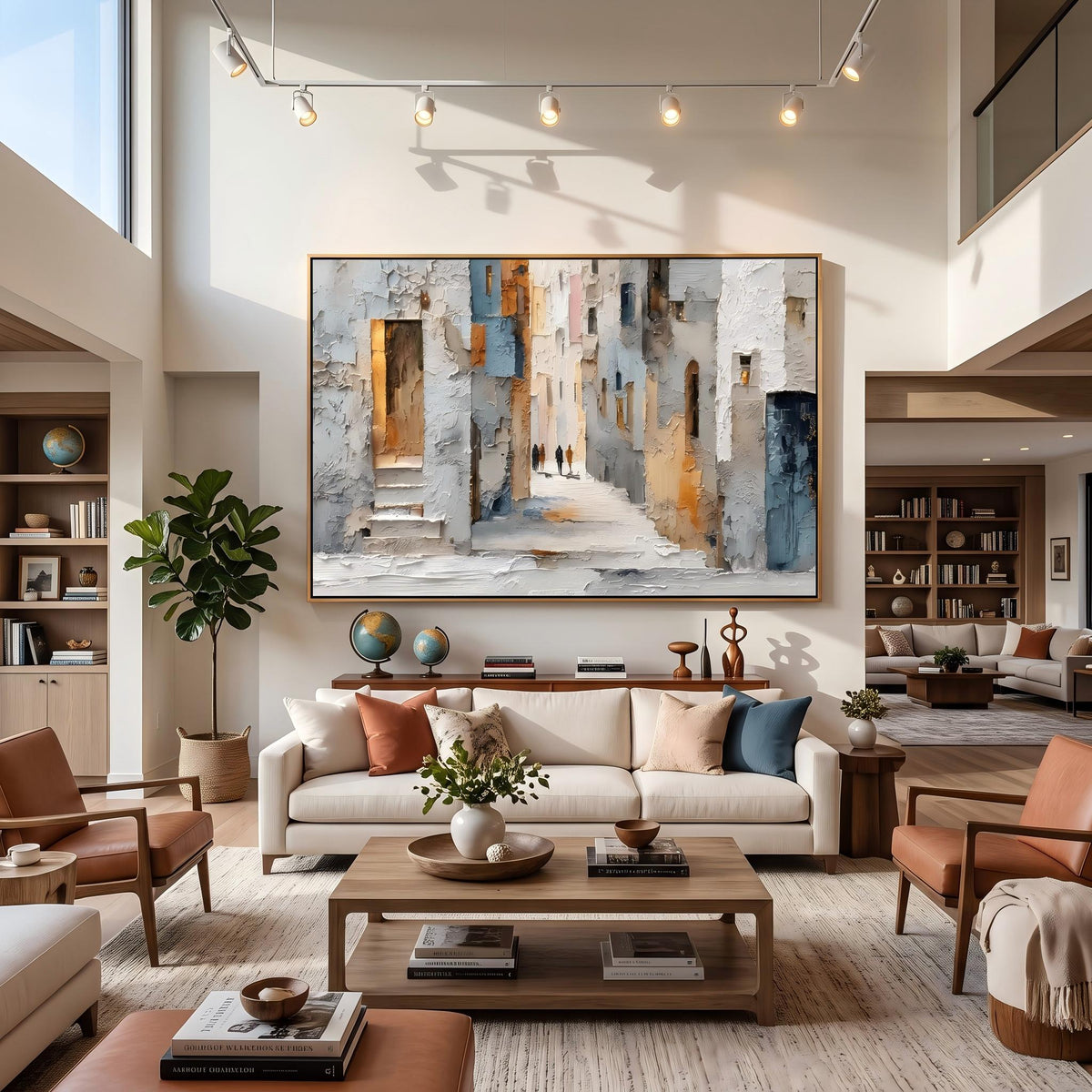 "European Old Town Street" - Modern Heavy Impasto Abstract Artwork | Beige & Grey Palette Knife Painting | Luxury Horizontal Wall Art #YK 1561