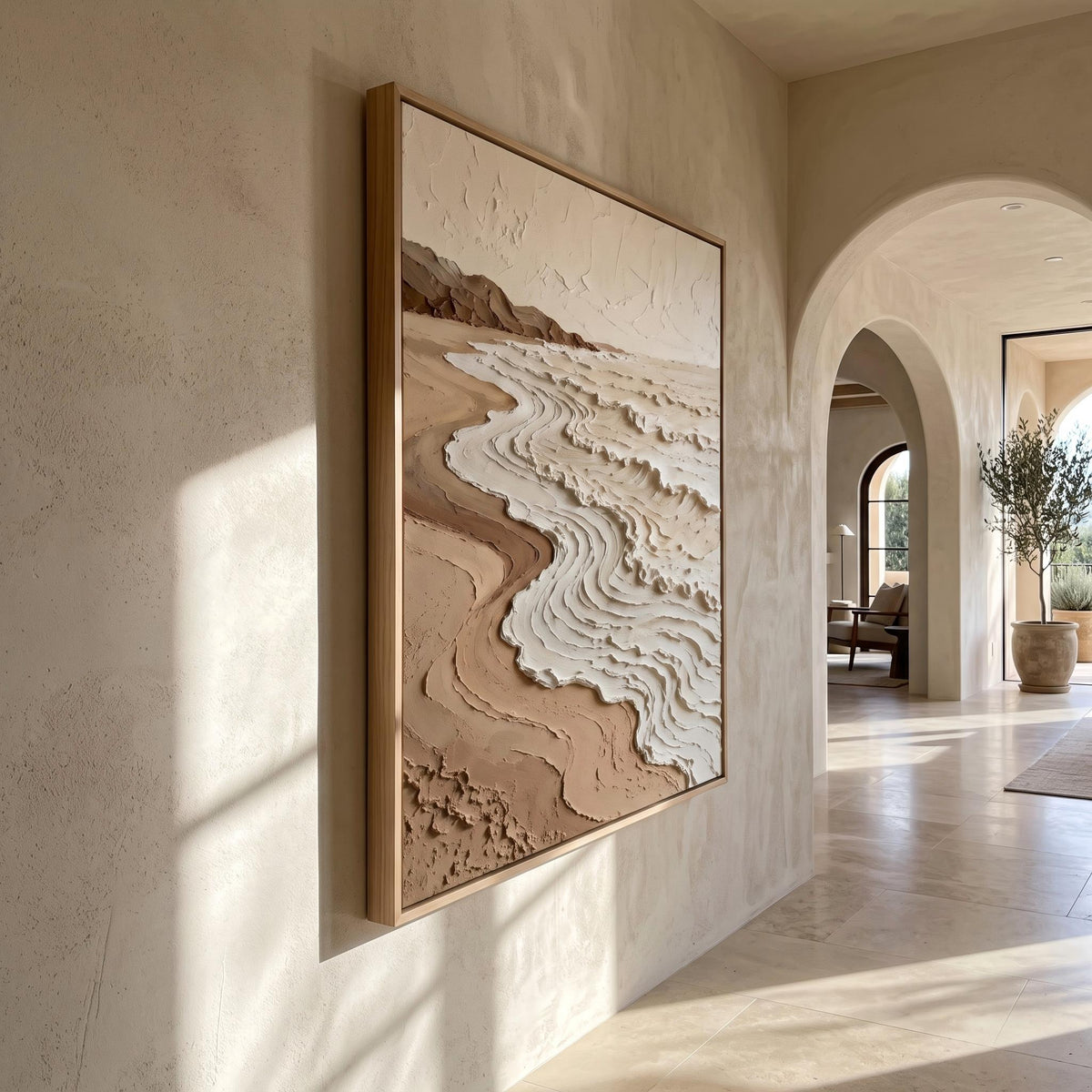 "Neutral Tones Stereoscopic Seaside Wall Decor" - Modern Heavy Impasto Coastal Landscape | Beige Palette Knife Painting | Luxury Vertical Wall Art #YK 1613