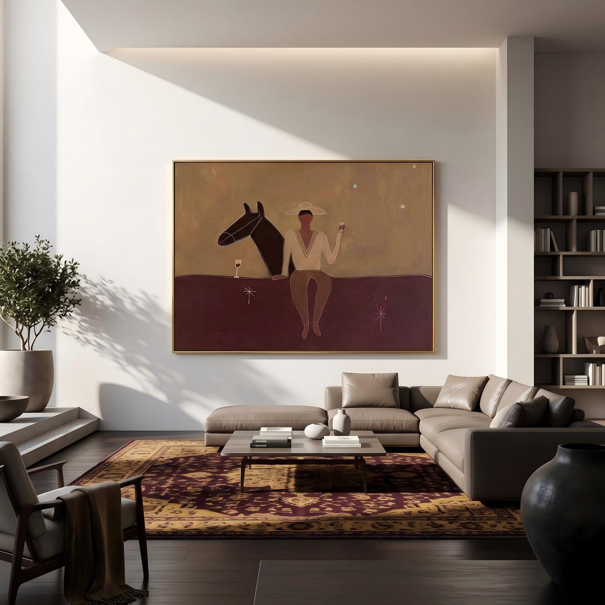 "Western Cowboy and Horse" - Modern Heavy Impasto Western Animal Artwork | Purple Palette Knife Painting | Luxury Horizontal Wall Art #YK 1569