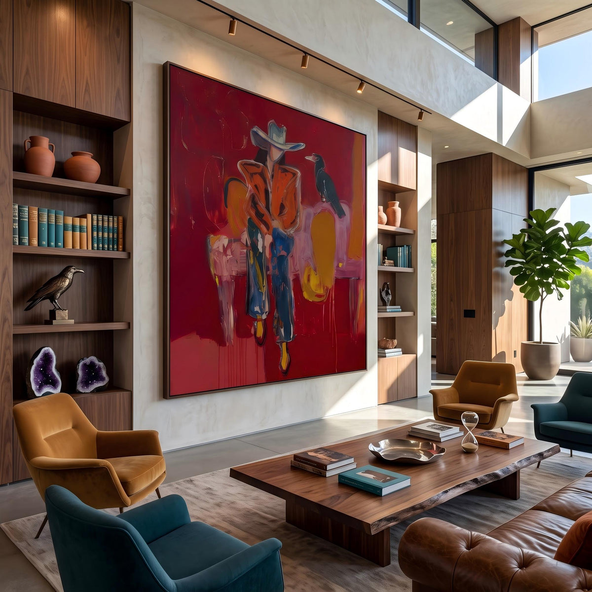 "Crow Cowgirl" - Modern Heavy Impasto Western Animal Artwork | Golden & Pink Palette Knife Painting | Luxury Vertical Wall Art #YK 1575