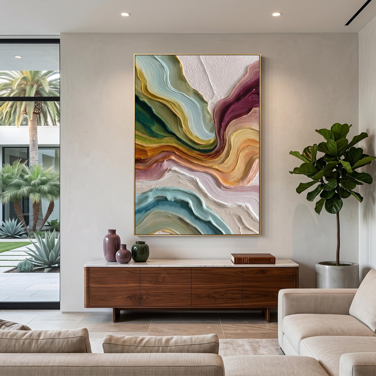 "Multicolor Layer Flow Abstract Wall" - Modern Heavy Impasto Abstract Artwork | Beige Palette Knife Painting | Luxury Vertical Wall Art #YK 1554