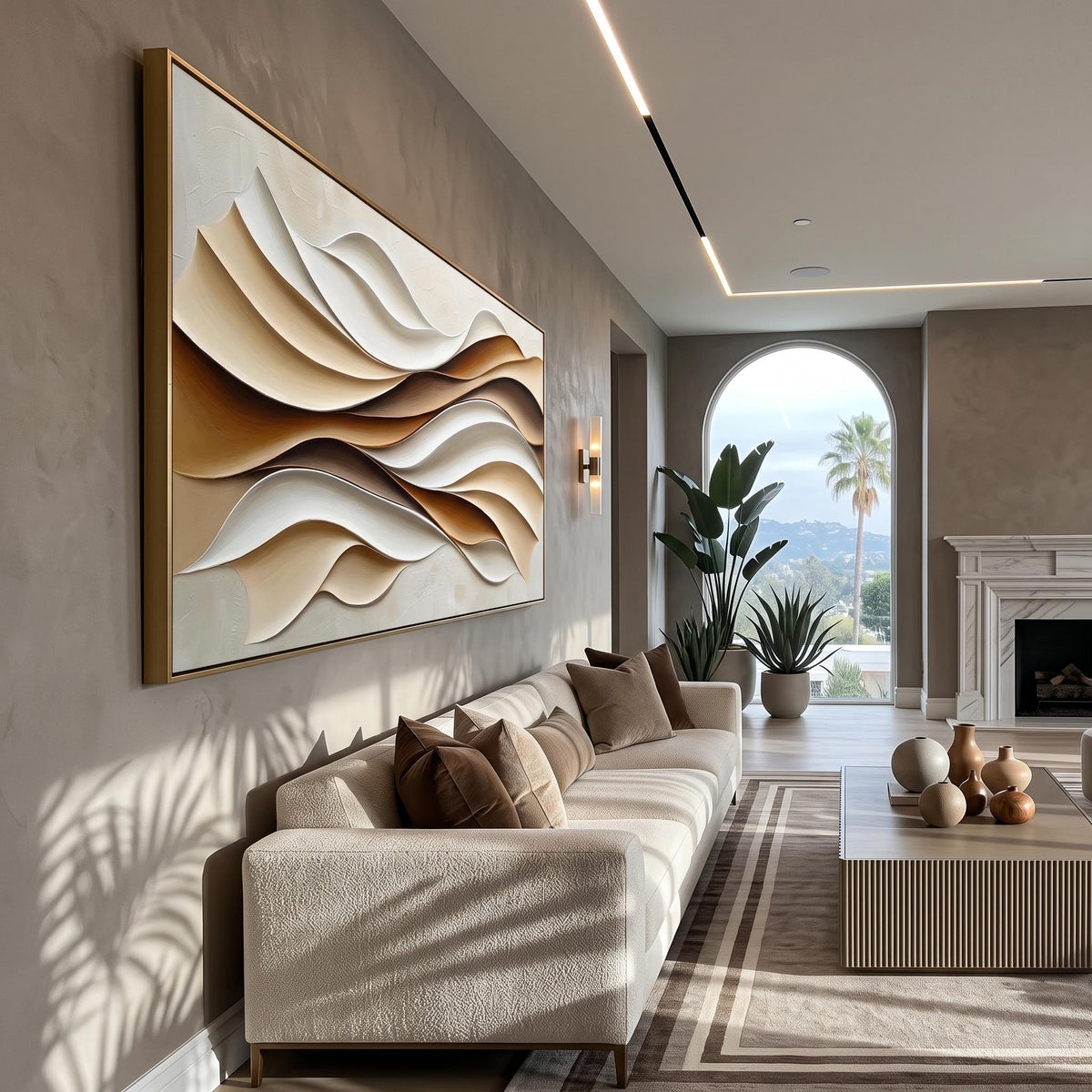 "Layered Wave" - Modern Heavy Impasto Ocean Wave Seascape | Beige Palette Knife Painting | Luxury Horizontal Wall Art #YK 1555