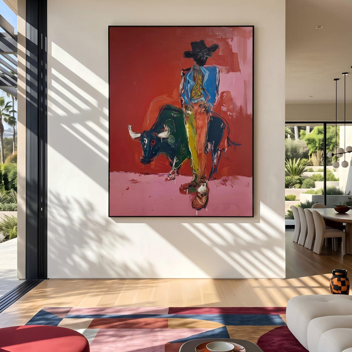 "Bullfighting Western Cowboy" - Modern Heavy Impasto Western Animal Artwork | Pink Palette Knife Painting | Luxury Vertical Wall Art #YK 1581