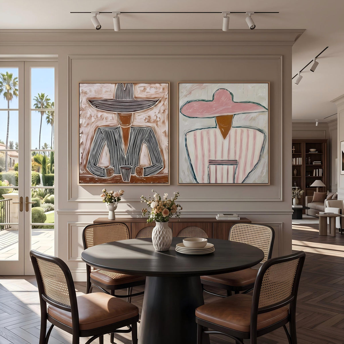 "Double Wide Striped Hat Western Cowboy and Girl" - Modern Heavy Impasto Western Animal Artwork | Golden Palette Knife Painting | Luxury Two-Panel Square Wall Art #YK 1568