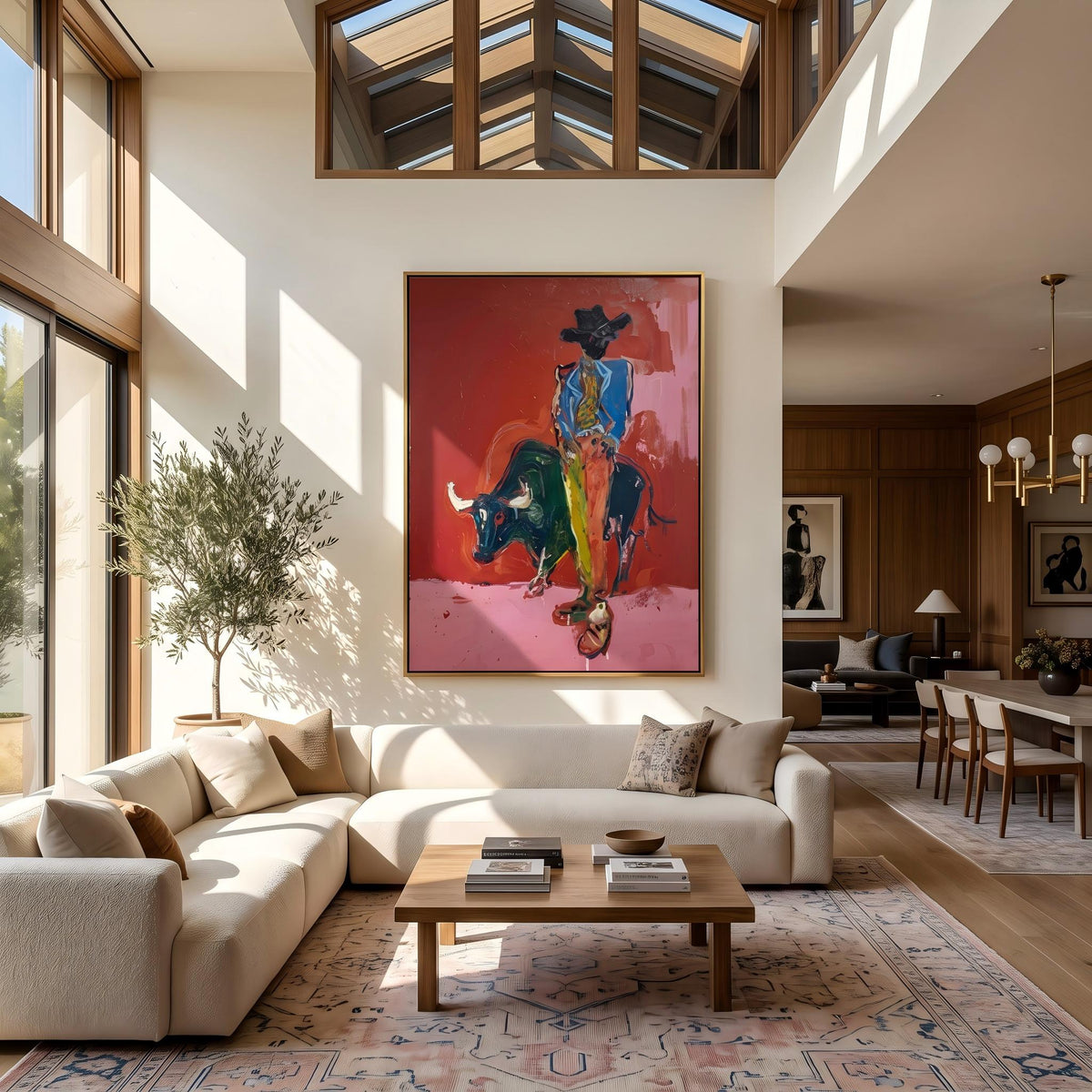 "Bullfighting Western Cowboy" - Modern Heavy Impasto Western Animal Artwork | Pink Palette Knife Painting | Luxury Vertical Wall Art #YK 1581