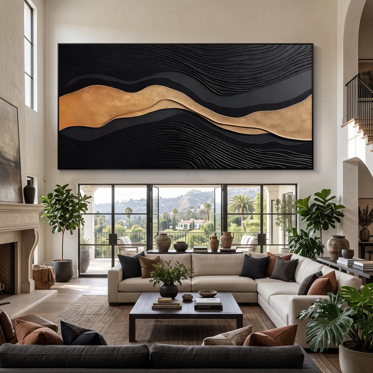 "Luxury Black‑Gold Layered Mountain" - Modern Heavy Impasto Landscape Artwork | Beige Palette Knife Painting | Luxury Horizontal Wall Art #YK 1545
