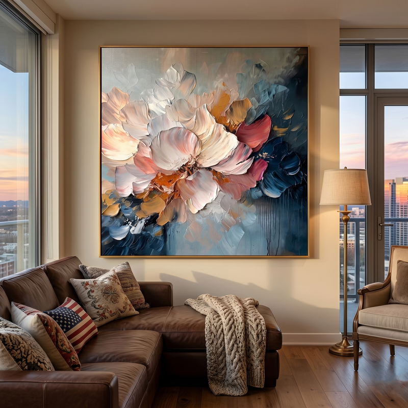"Blush Nocturne" – Modern Heavy Impasto Sculptural Floral | Luxury Master Suite Statement Art