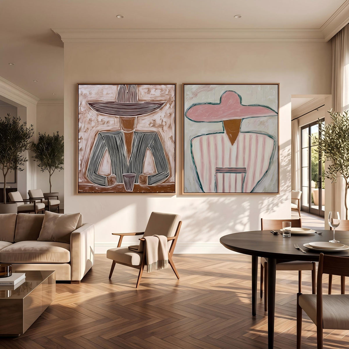 "Double Wide Striped Hat Western Cowboy and Girl" - Modern Heavy Impasto Western Animal Artwork | Golden Palette Knife Painting | Luxury Two-Panel Square Wall Art #YK 1568