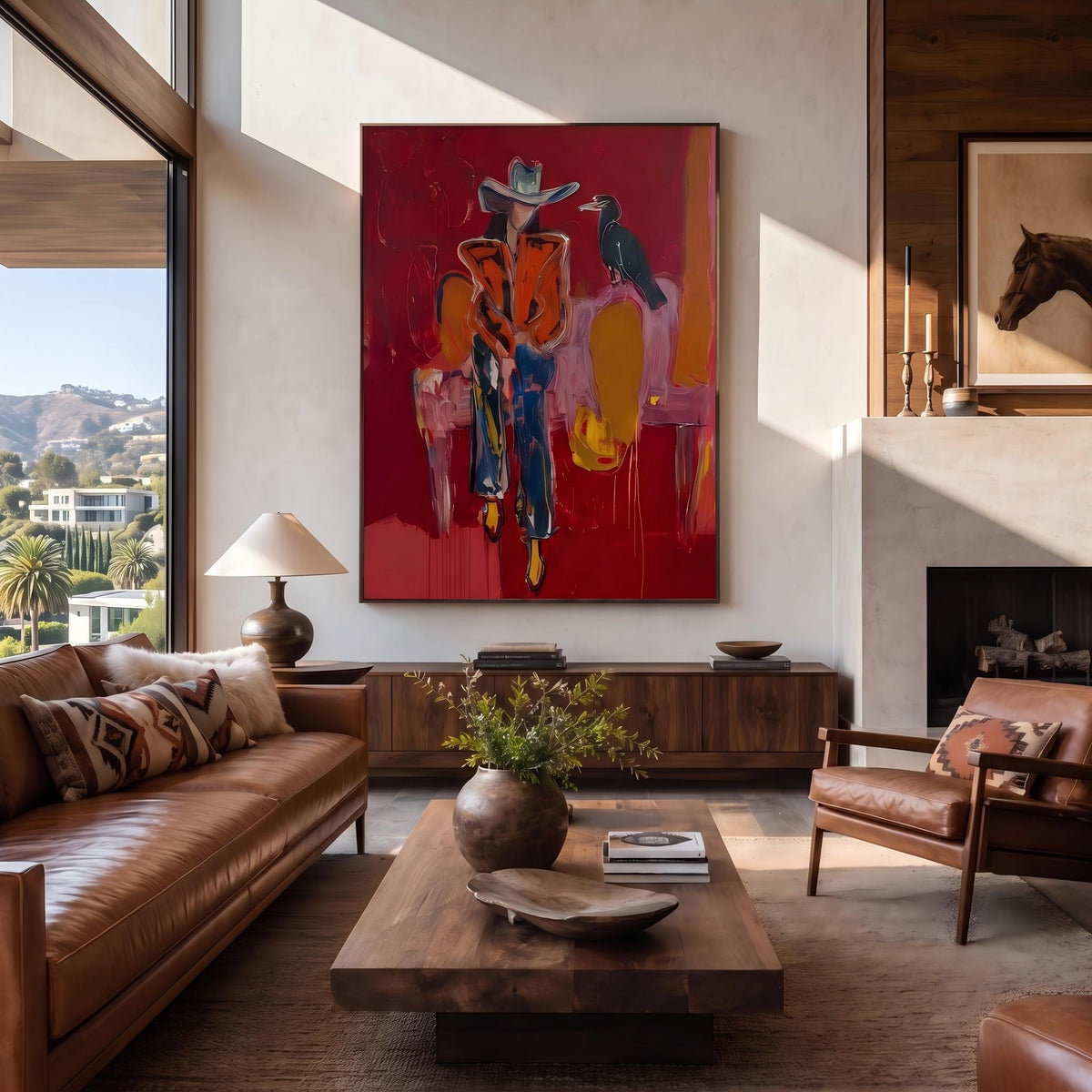 "Crow Cowgirl" - Modern Heavy Impasto Western Animal Artwork | Golden & Pink Palette Knife Painting | Luxury Vertical Wall Art #YK 1575