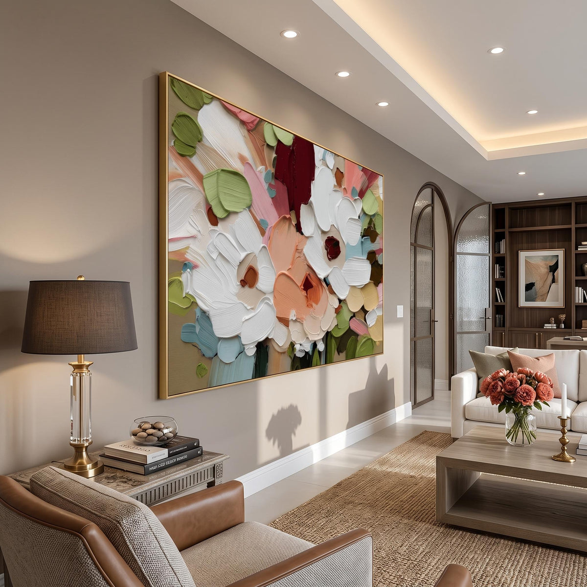 "Colorful Textured Floral Wall" - Modern Heavy Impasto Floral Abstract | White Palette Knife Painting | Luxury Horizontal Wall Art #YK 1615