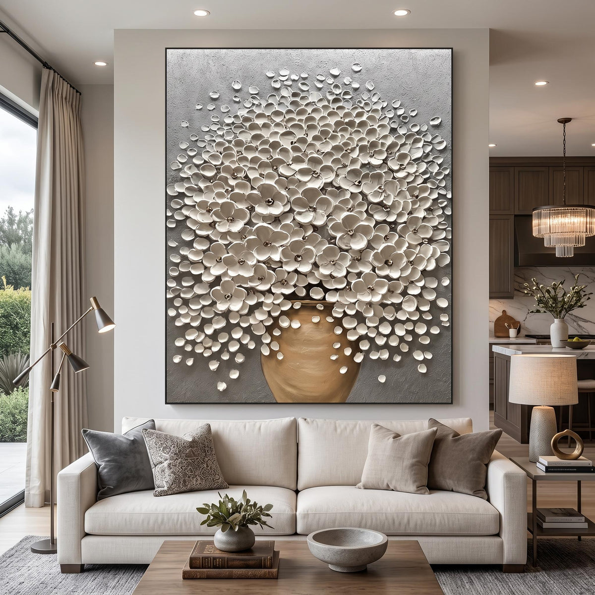 "Luxury 3D Blossom Wall" - Modern Heavy Impasto Floral Abstract | 3D Grey Palette Knife Painting | Luxury Vertical Wall Art #YK 1549