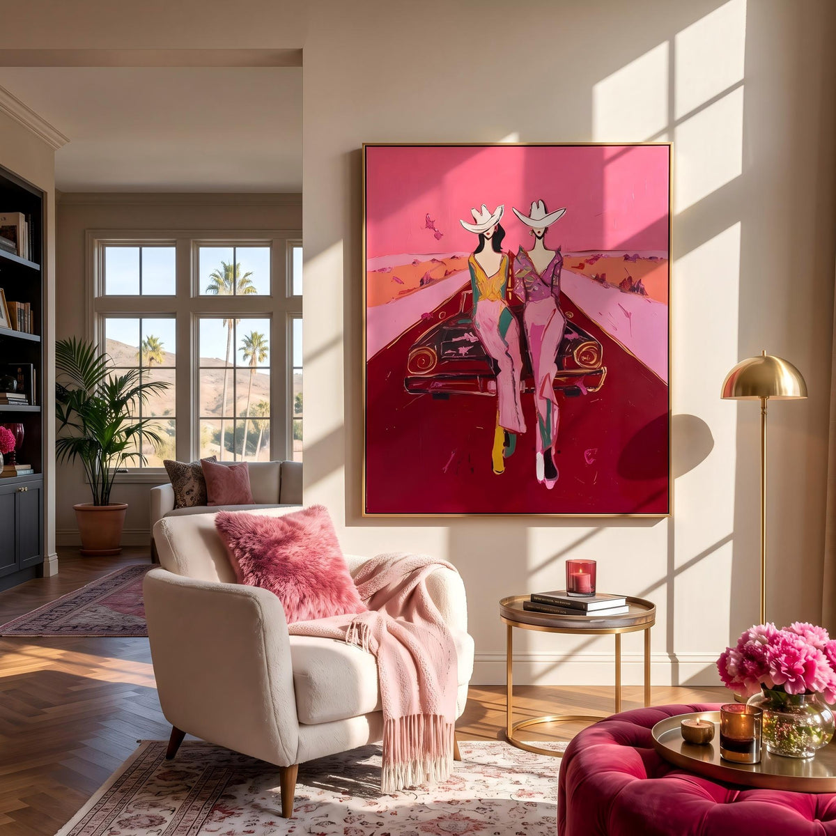 "Cowgirls on the Road" - Modern Heavy Impasto Abstract Artwork | Pink Palette Knife Painting | Luxury Vertical Wall Art #YK 1585