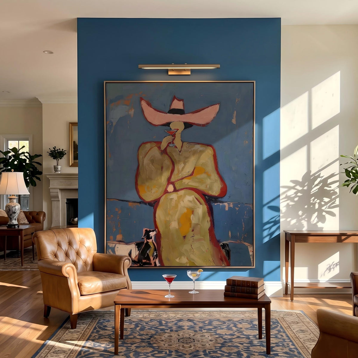 "Pink cowboy hat woman drinking cocktail" - Modern Heavy Impasto Western Animal Artwork | Golden & Orange Palette Knife Painting | Luxury Vertical Wall Art #YK 1576
