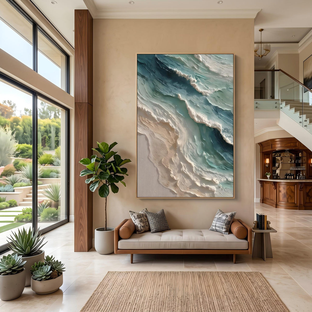 "Blue Green Coastal Wall" - Modern Heavy Impasto Coastal Landscape | Beige Palette Knife Painting | Luxury Vertical Wall Art #YK 1565