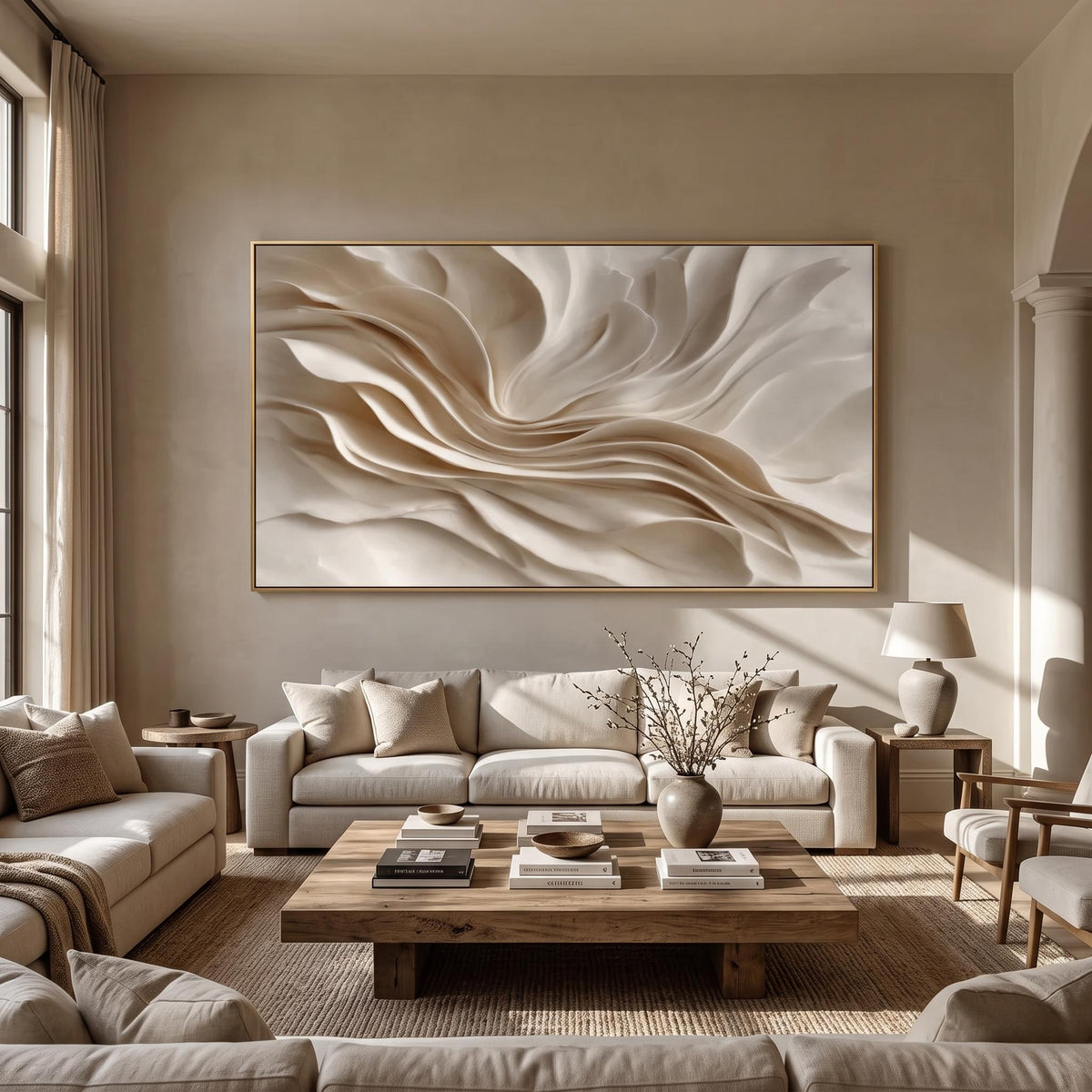 "Earthy‑Tone Soft Fold Abstract Wall" - Modern Heavy Impasto Abstract Artwork | Beige Palette Knife Painting | Luxury Horizontal Wall Art #YK 1547