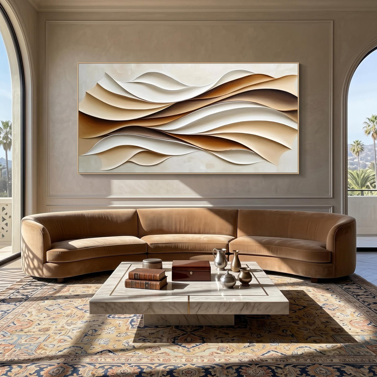 "Layered Wave" - Modern Heavy Impasto Ocean Wave Seascape | Beige Palette Knife Painting | Luxury Horizontal Wall Art #YK 1555