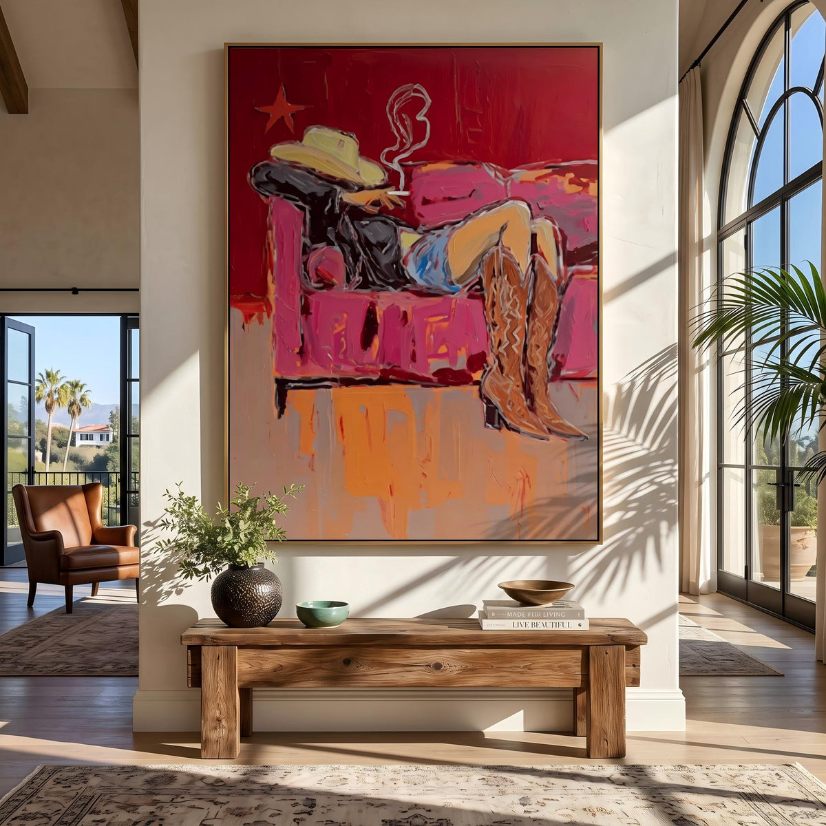 "Couch Western Cowgirl" - Modern Heavy Impasto Western Animal Artwork | Pink Palette Knife Painting | Luxury Vertical Wall Art #YK 1586