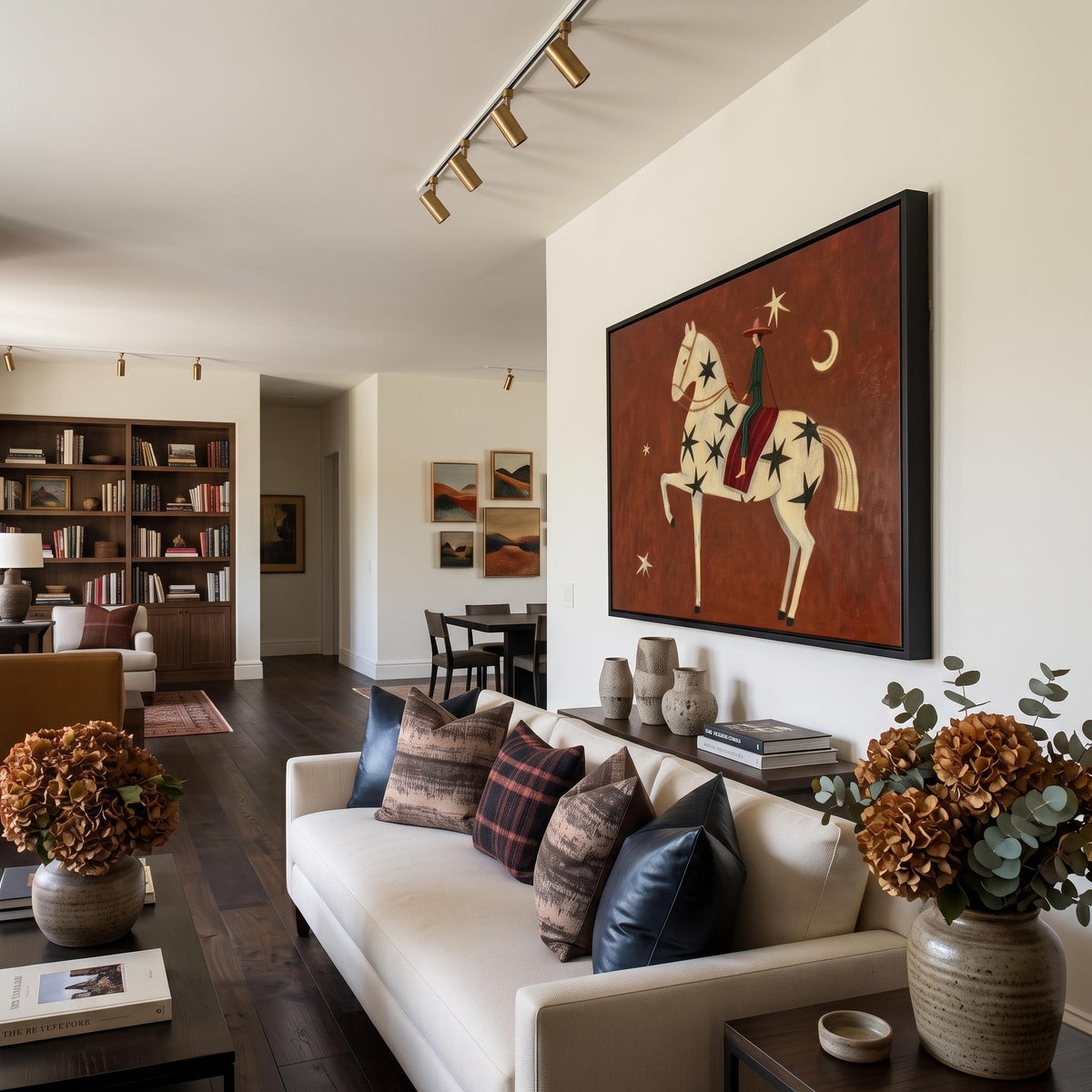 "Rust Red Stylized Horse With Moon & Stars" - Modern Heavy Impasto Western Animal Artwork | Orange Palette Knife Painting | Luxury Horizontal Wall Art #YK 1597