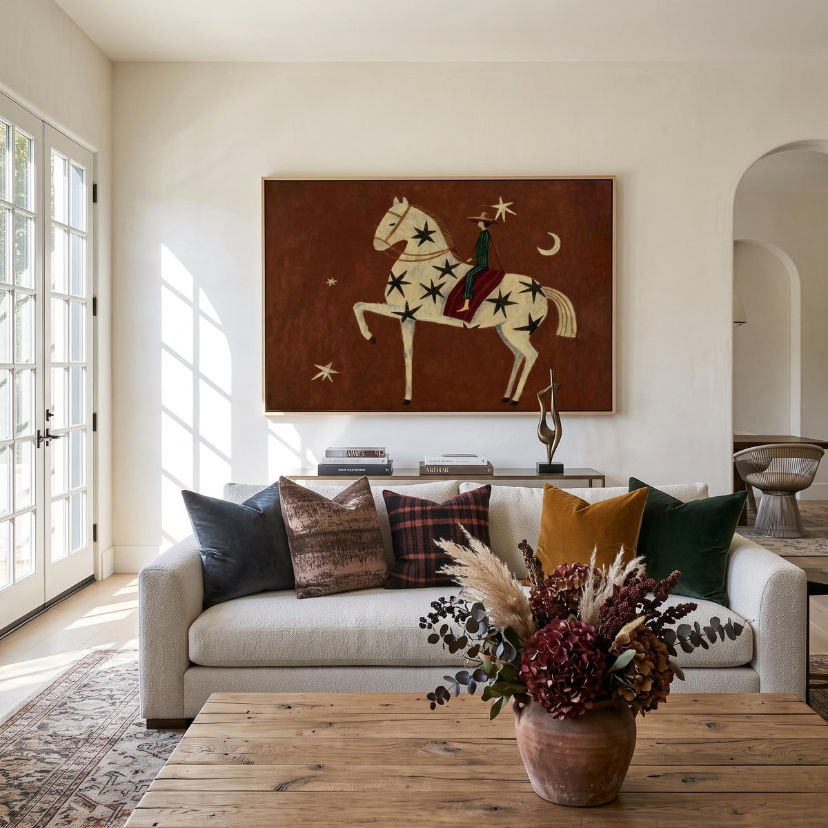 "Rust Red Stylized Horse With Moon & Stars" - Modern Heavy Impasto Western Animal Artwork | Orange Palette Knife Painting | Luxury Horizontal Wall Art #YK 1597