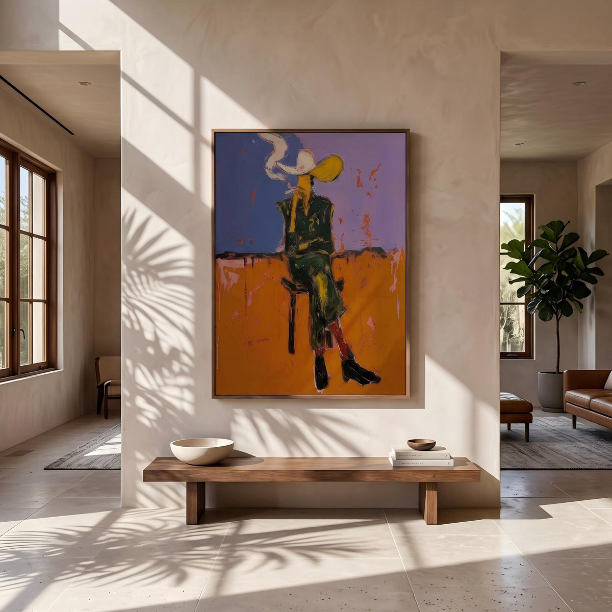 "Cigarettes Western Cowboy" - Modern Heavy Impasto Western Animal Artwork | Orange Palette Knife Painting | Luxury Vertical Wall Art #YK 1579