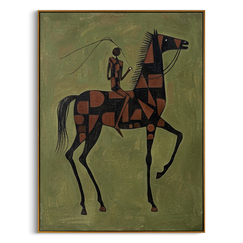 "Geometric Steed & Rider" – Modern Heavy Impasto Tribal Art | 3D Olive & Rust Palette Knife Painting | Luxury Vertical Wall Art #AB 008