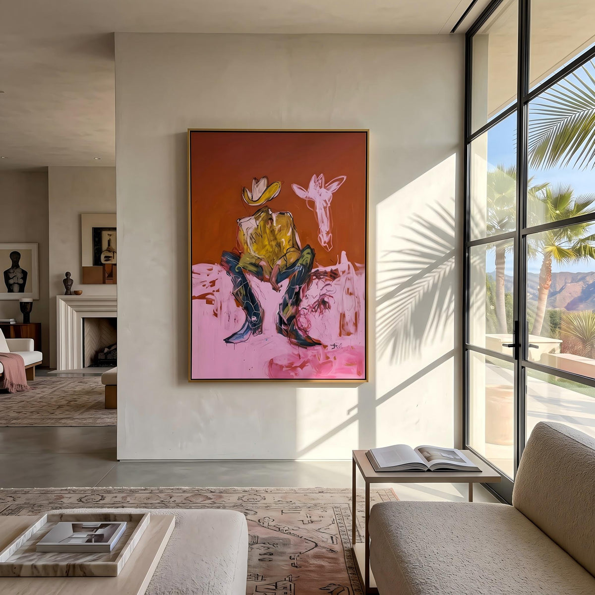 "Squatting faceless cowboy" - Modern Heavy Impasto Western Animal Artwork | Pink Palette Knife Painting | Luxury Vertical Wall Art #YK 1578