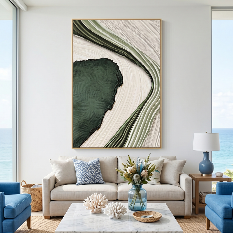 "Emerald Current" – Modern 3D Organic Linear Relief | Vertical Sage & Moss Statement Art