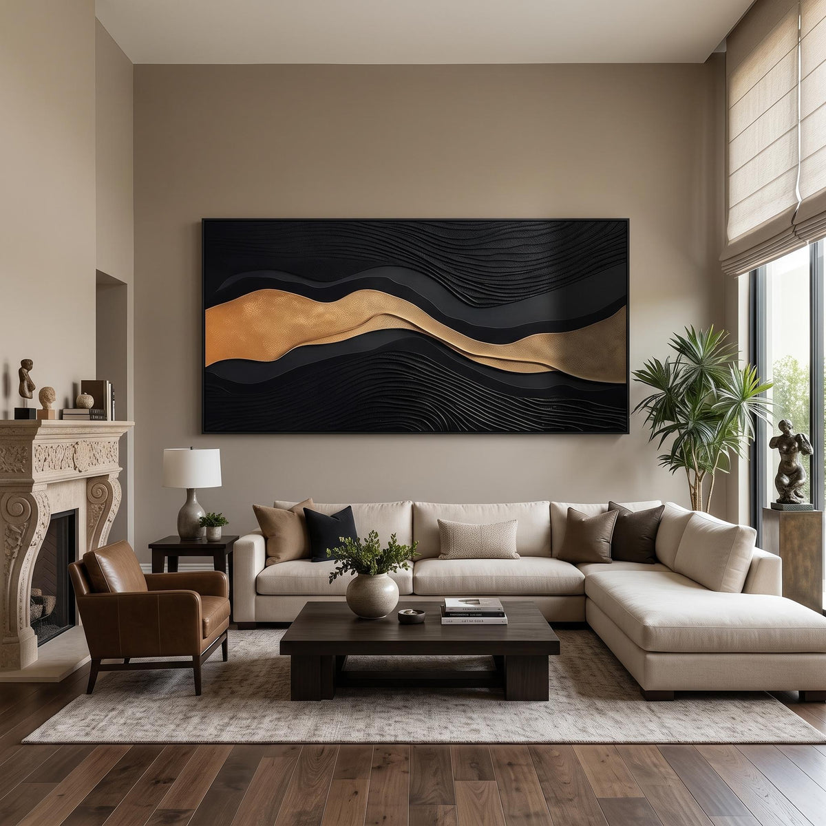 "Luxury Black‑Gold Layered Mountain" - Modern Heavy Impasto Landscape Artwork | Beige Palette Knife Painting | Luxury Horizontal Wall Art #YK 1545