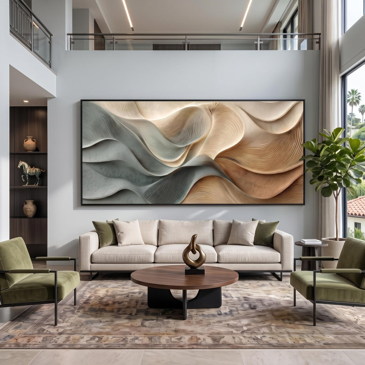"Dusty Blue Beige Heavy‑Texture Wave" - Modern Heavy Impasto Ocean Wave Seascape | Beige Palette Knife Painting | Luxury Horizontal Wall Art #YK 1608