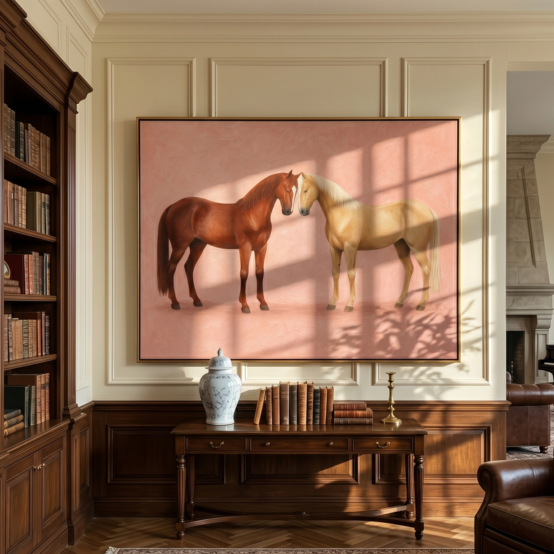 "Bonded Equine Pair" – Modern Heavy Impasto Animal Art | 3D Russet & Sand Palette Knife Painting | Luxury Horizontal Wall Art #AN 004