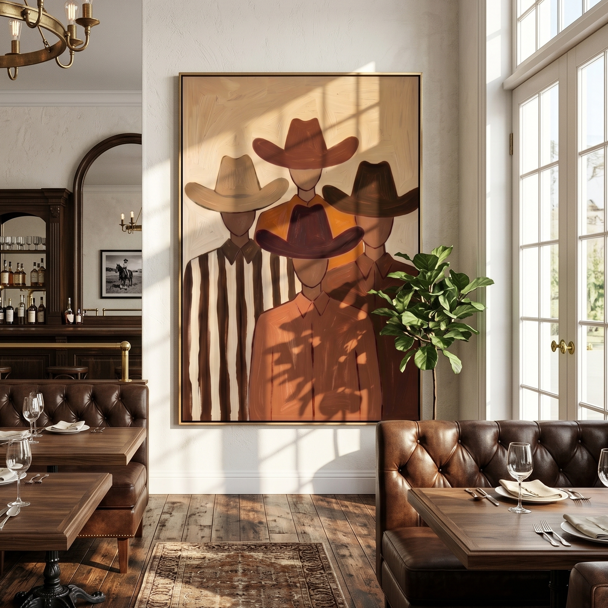 "The Four Cowboys" – Modern Heavy Impasto Western Art | 3D Cinnamon & Sand Palette Knife Painting | Luxury Vertical Wall Art #PE 015