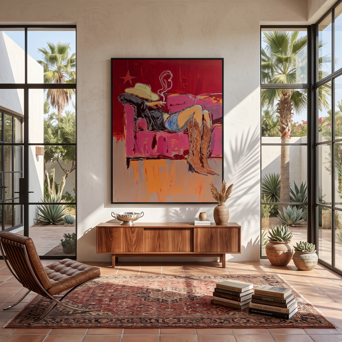 "Couch Western Cowgirl" - Modern Heavy Impasto Western Animal Artwork | Pink Palette Knife Painting | Luxury Vertical Wall Art #YK 1586